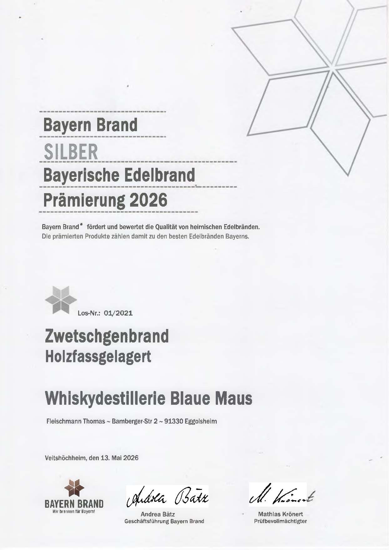 Urkunde Bayerische Prämierung Silber