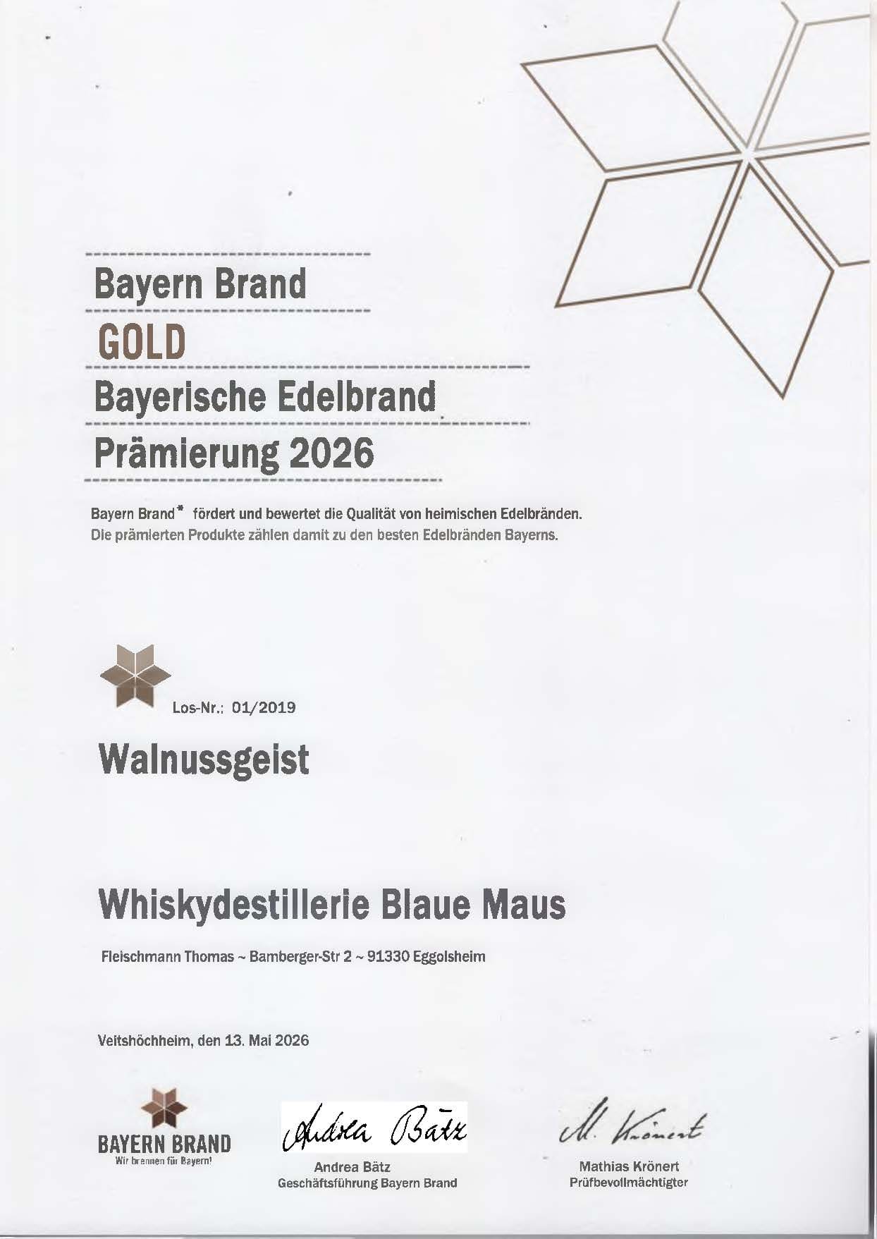 Urkunde Bayerische Prämierung Gold