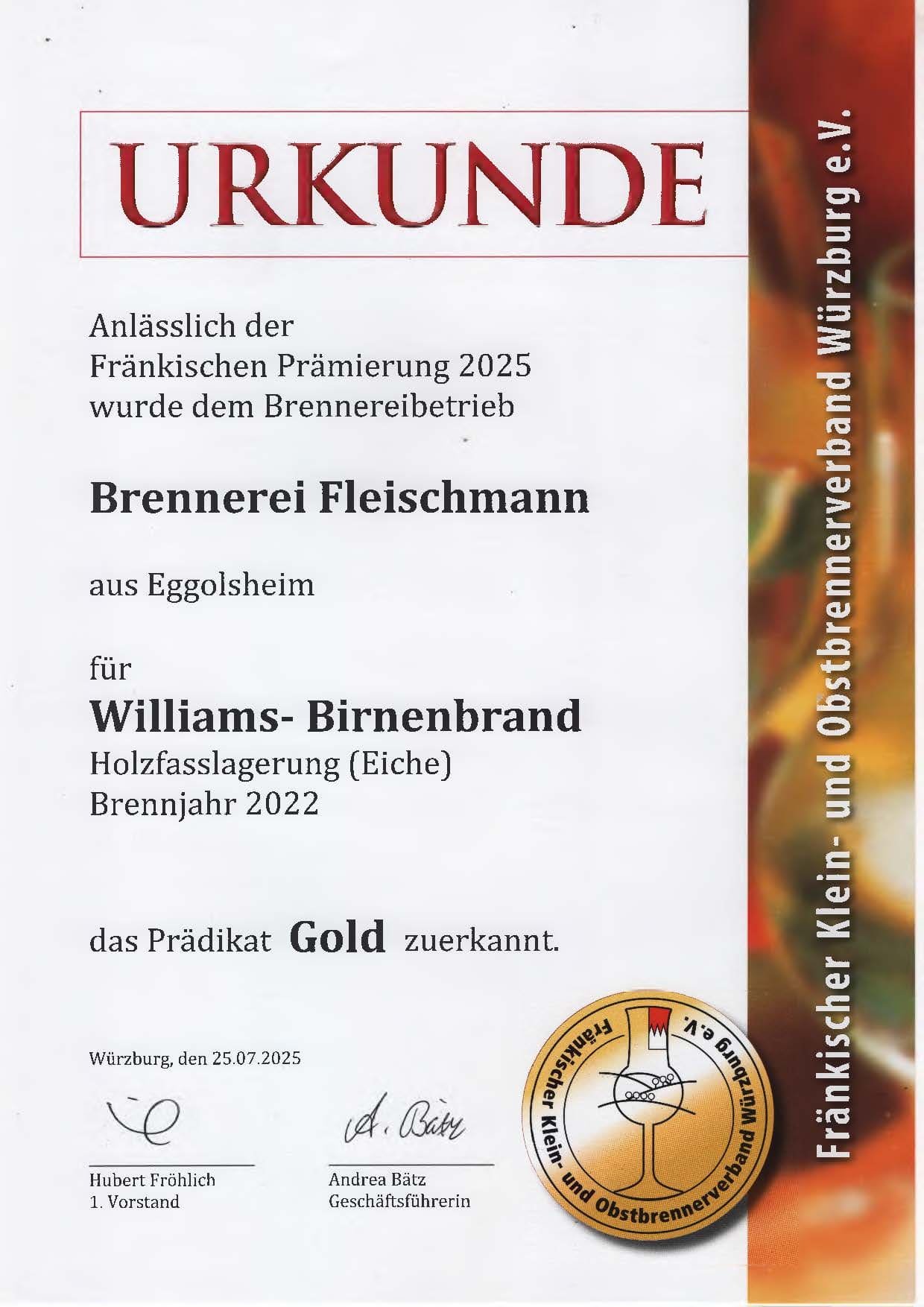 Urkunde Franken Prämierung