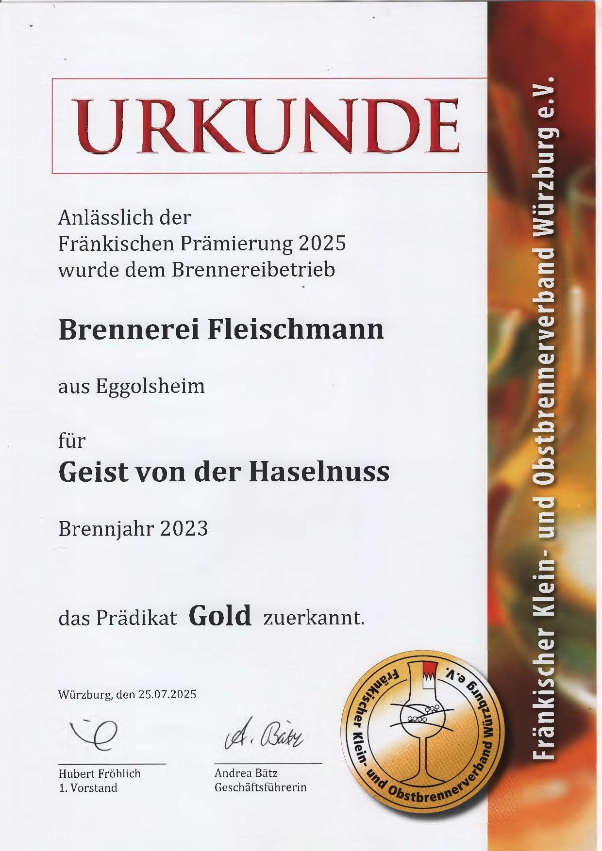 Urkunde Franken Prämierung
