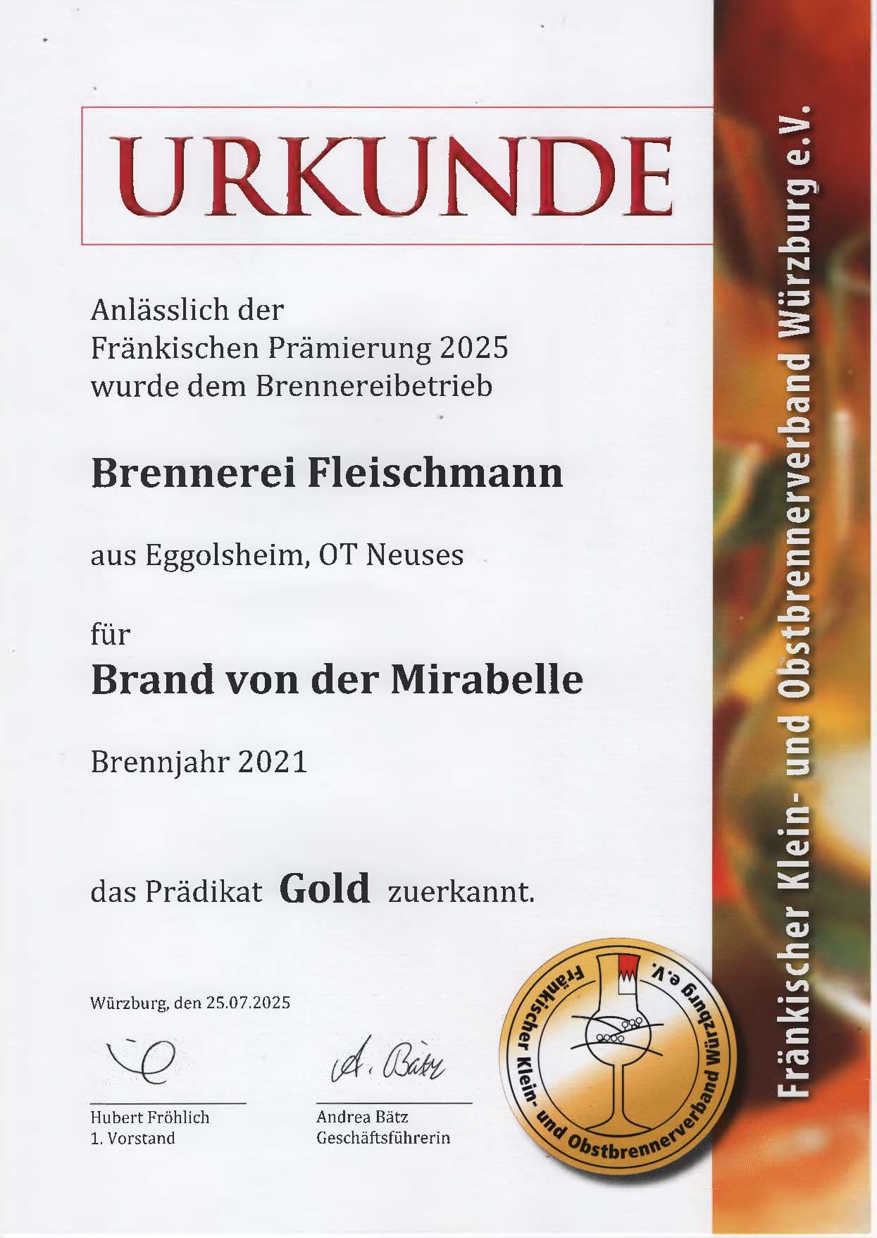 Urkunde Franken Prämierung Gold
