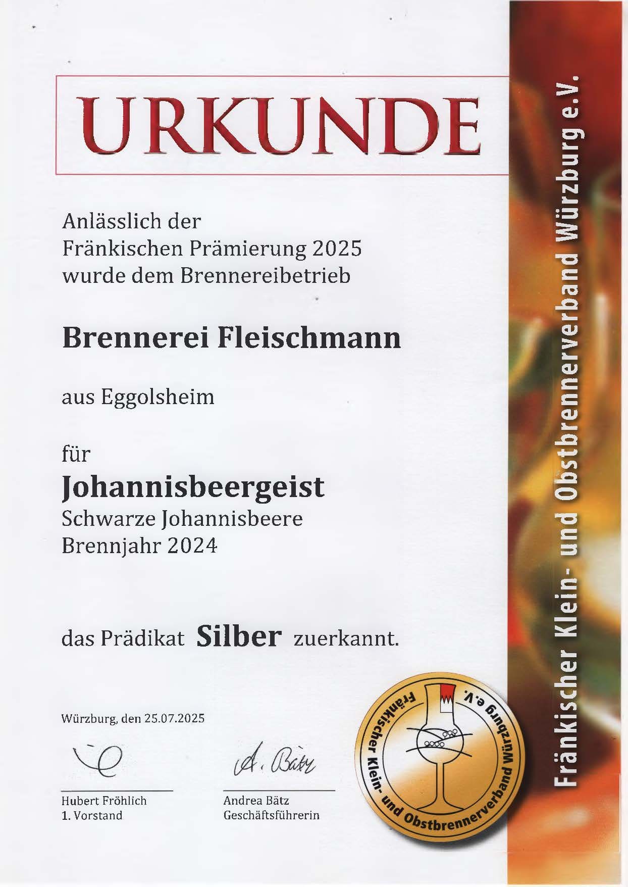 Urkunde Franken Prämierung